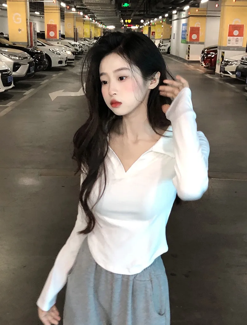 Осенняя женская одежда Gyaru Design Sense Slim fit Белая нижняя рубашка с воротником-поло Pure