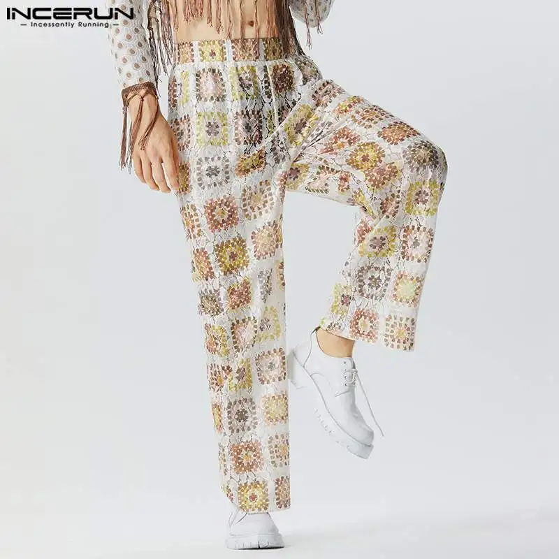 

INCERUN Men Pants Printing Lace Transparent Joggers Elastic Waist Straight Trousers Men Streetwear 2023 Loose Pantalon S-5XL