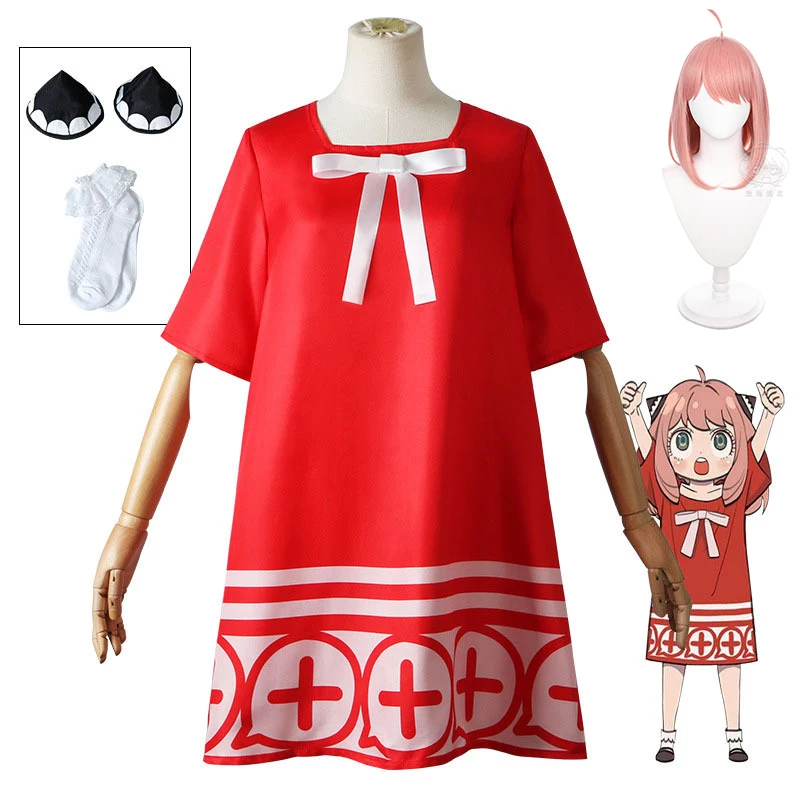 

Anime Spy x Family Anya Forger Cosplay Red Dress Pink Wigs Headwear Socks Women Girl Cute Costume Halloween Party Role Play Gift