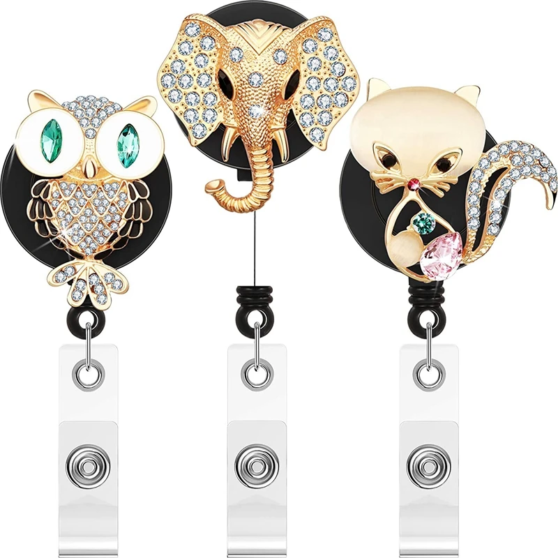 

3Pcs Retractable Badge Reel Cute Animals Badge Holder Bling Rhinestones Badge Reel Holder with Alligator Clip (Black)