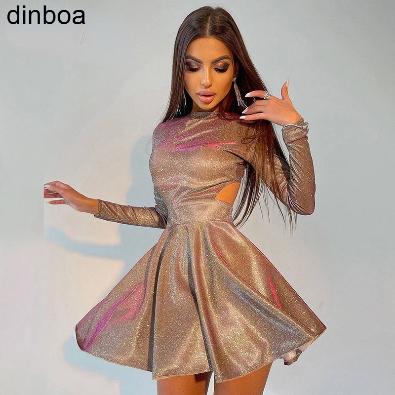 

Dinboa-fashion Chic Bling Glitter Long Sleeve Club Party Dress Mini Backless Hollow Out Sexy Dress Top Women Autumn Pleated Hot