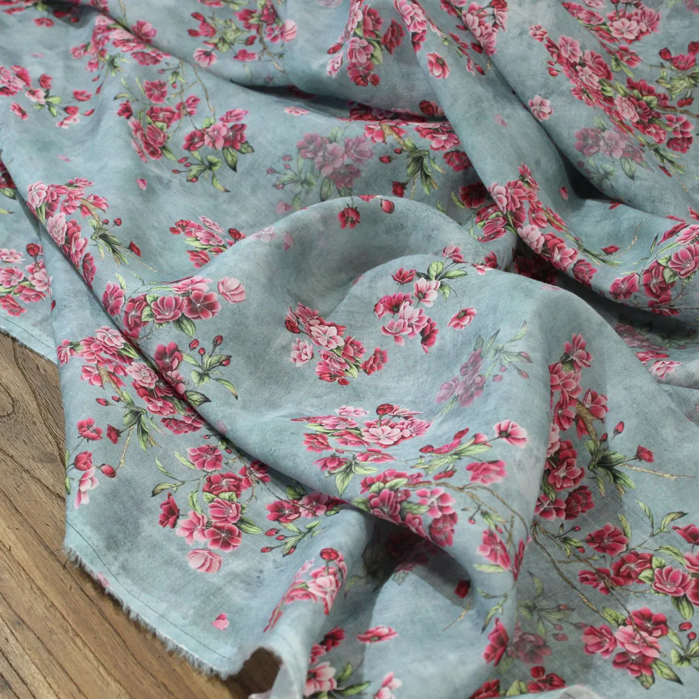

High end pure ramie tecidos para costura Red flower printing tecido Colorful shirt dress fabric