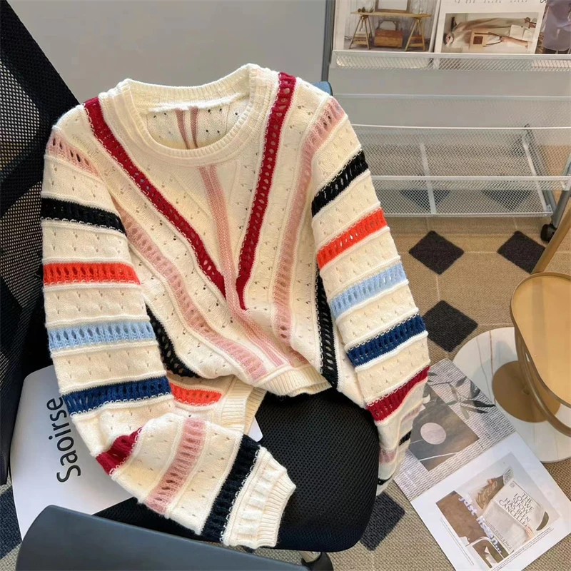 

Hook Flower Hollow Out Bat Sleeve Rainbow Knitted Sweater Womens Spring Autumn Long Sleeve Contrast Striped Short Sweater Female