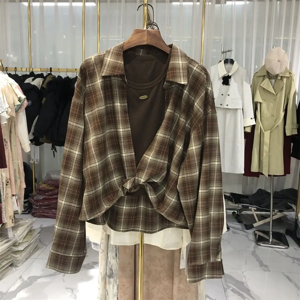 Воротник-поло нерегулярные клетчатые рубашки жилет с круглым вырезом комплект