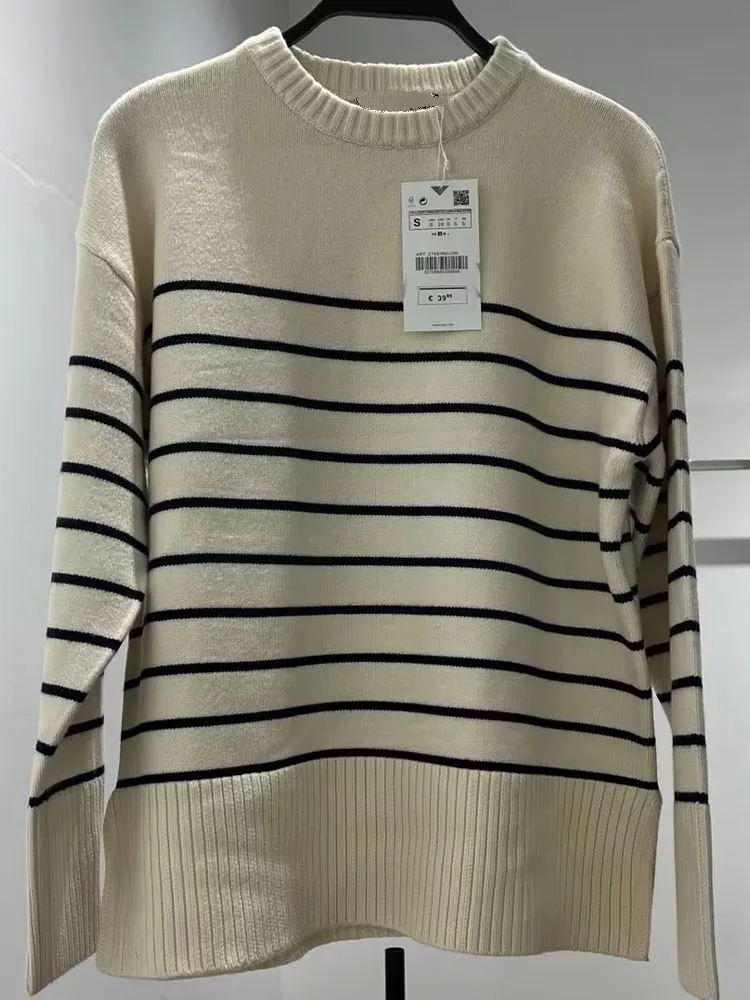 

Zach AiIsa fall new women's simple long-sleeved retro striped stretch soft texture pullover sweater knit