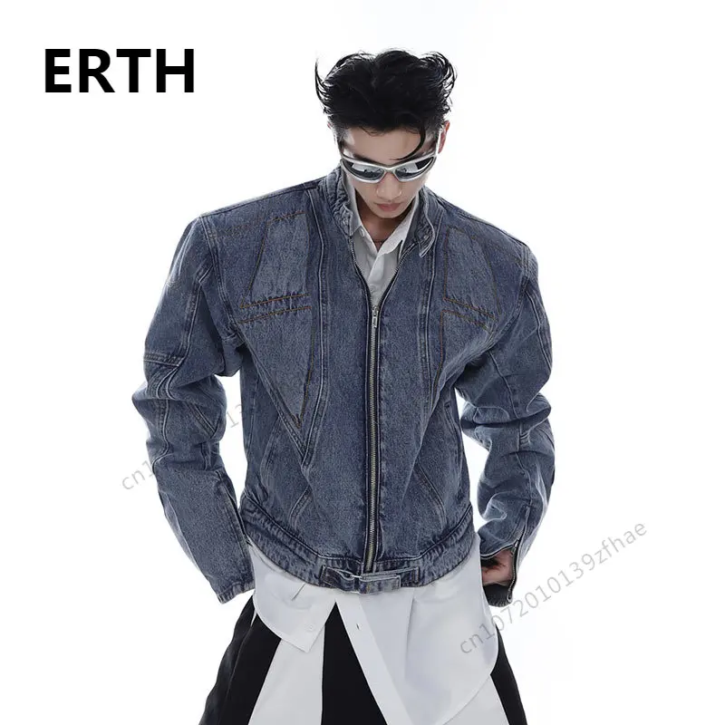 

ERTH Retro Wash Shoulder Pad Short Denim Jacket Design 2023 Vintage High Street Male Coat Zipper Stand Collar Fashion