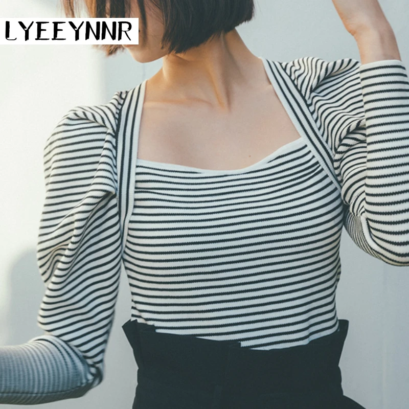 LYEEYNNR Новое поступление Весенние футболки Женская Полосатая трикотажная