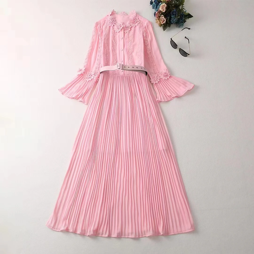 European and American women's clothes 2023 spring new Long Sleeve flared sleeve hollowed out belt pink fashion Pleated Dress XXL