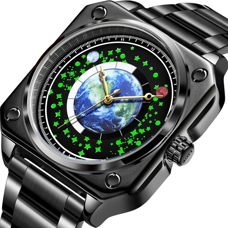 

Часы наручные LIGE Мужские кварцевые, модные светящиеся в стиле звезд и Луны, квадратные водонепроницаемые в деловом стиле, из нержавеющей стали