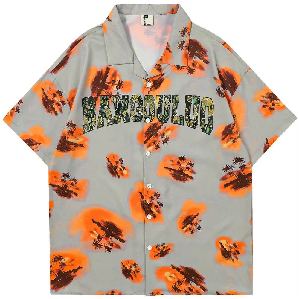 

Мужская пляжная рубашка гавайская пальма, Повседневная Уличная одежда из полиэстера, рубашки оверсайз с короткими рукавами для мужчин