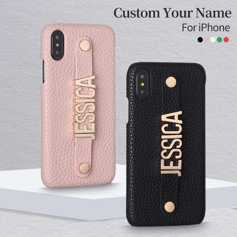 Handmade Wristband Holding Strap Custom Your Name Pebble Leather Phone Case For iPhone14 14ProMax 14Plus 13Promax 13 Personalize