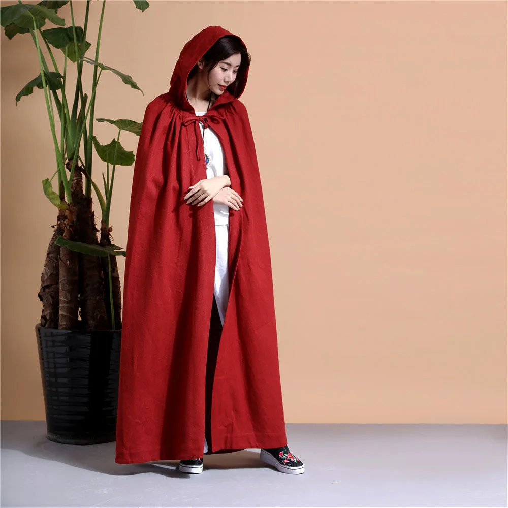 Черный плащ Hanfu женское свободное длинное пальто в китайском стиле со шляпой