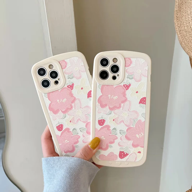 

Oil Painting Flowers strawberry Phone Case for iphone 13 12 Pro Max 11 Plus X Xs Max XR Relief Soft Cover