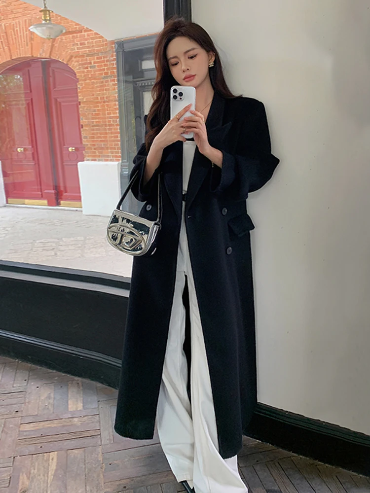 Huali двустороннее кашемировое пальто женское осенне-зимнее элегантное черное