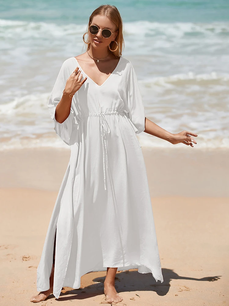 

Платье-туника в стиле бохо, накидка на купальник, макси пляжное платье с регулируемым поясом, бахромой и V-образным вырезом, парео, кафтан