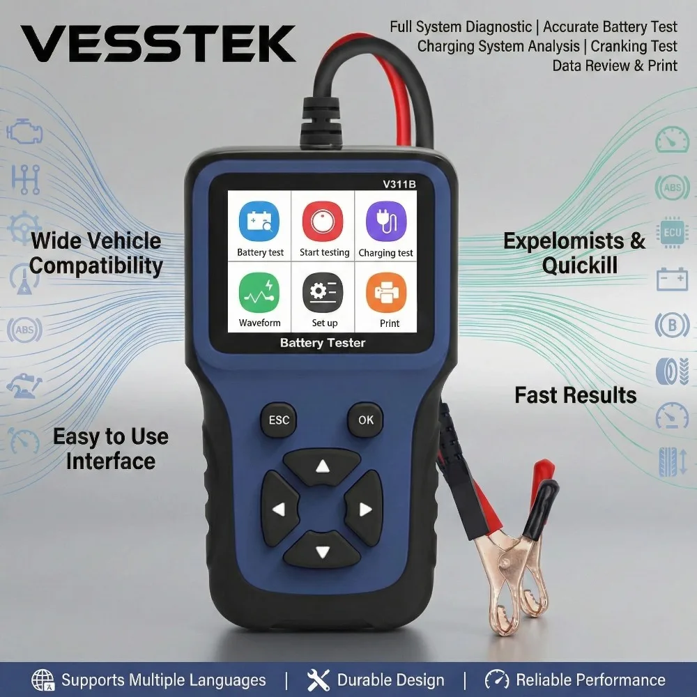 Фото Автосканер VESSTEK V311B OBD2, тестер автомобильных аккумуляторов 12В, анализатор напряжения генератора, диагностический инструмент EOBD №1