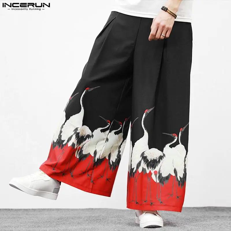 

Men Pants Printing Vintage Elastic Waist Joggers Loose Wide Leg Trousers Men Streetwear 2023 Chinese Style Casual Pants INCERUN