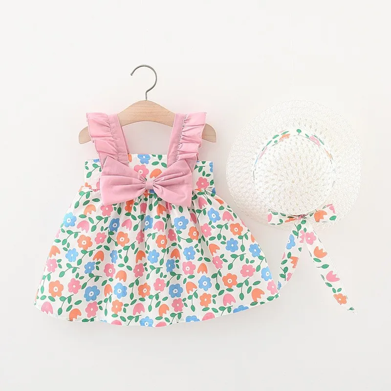 

Одежда для маленьких девочек, комплекты детской одежды, платья на бретелях с цветочным принтом и розовым бантом и оборками, с шапочкой, мило...