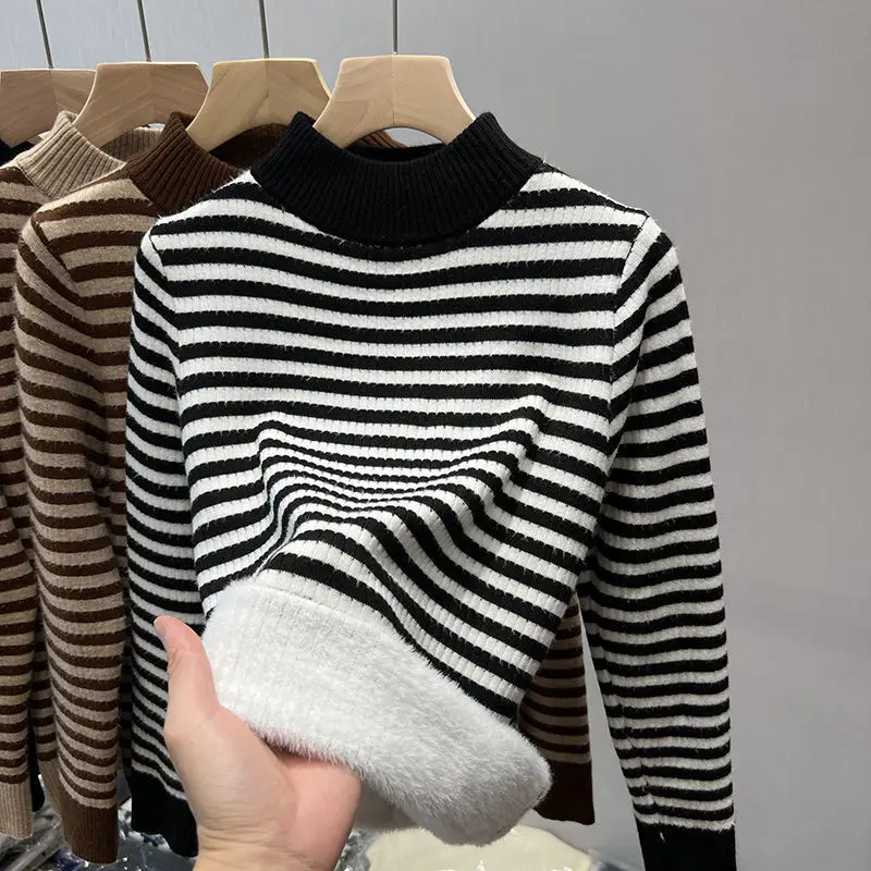 Striped Sweater In Winter One-Piece Western-Style Age Reducing Thickened Veet Imitation Mink Fur Knitted Base Top