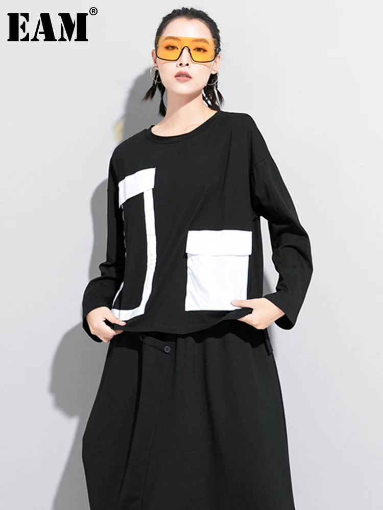 

[EAM] Women Black Pocket Split Joint Big Size T-shirt New Round Neck Long Sleeve Fashion Tide Spring Autumn 2022 1Z201