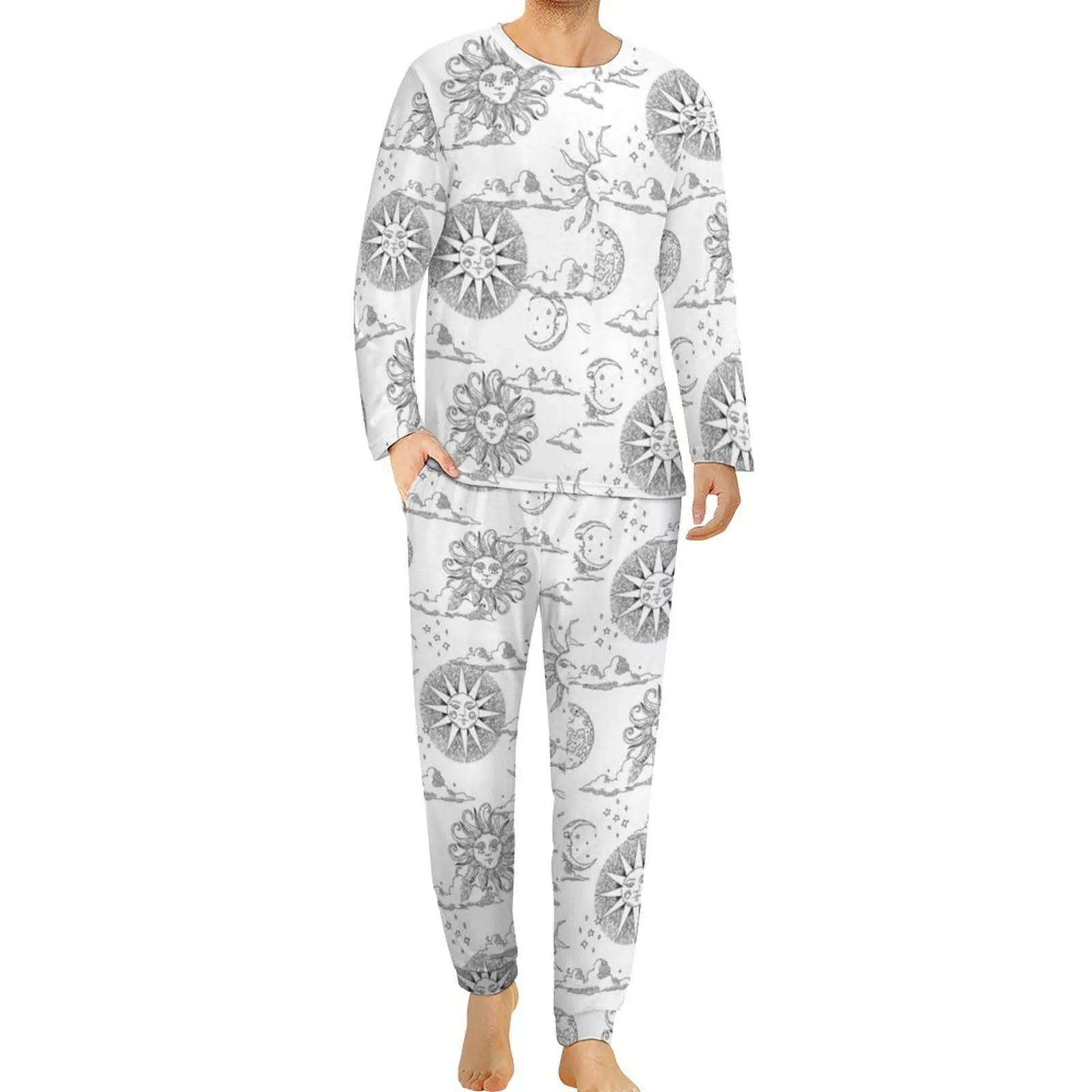

Symbol Art Print Pajamas Winter Two Piece Black Sun And Moon Retro Pajama Sets Male Long-Sleeve Casual Printed Nightwear