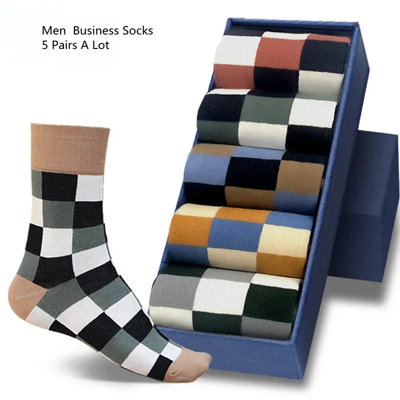 5Pair Men's Socks  Colorful Grid Business Sock High Quality Combed Cotton  Compression Socks Fashion Gentleman Happy  Socks Men