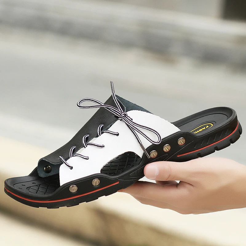 

Summer Mens Genuine Leather Shoes Fashion Anti-Slip Slippers Men Beach Flip Flops Male Brand Home Indoor Slides Big Size 38-48