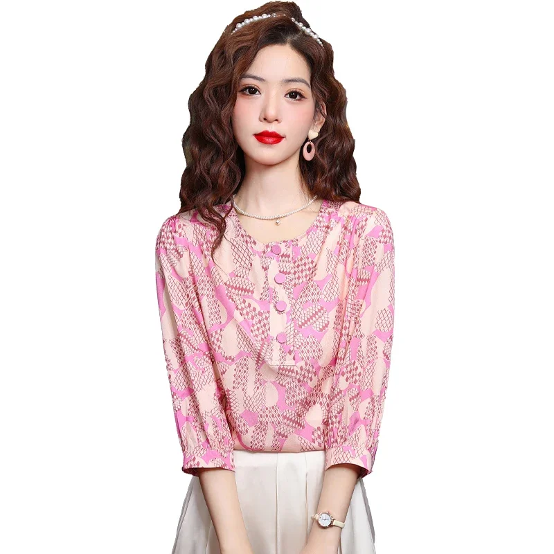 Женская шифоновая блузка с круглым вырезом свободного покроя