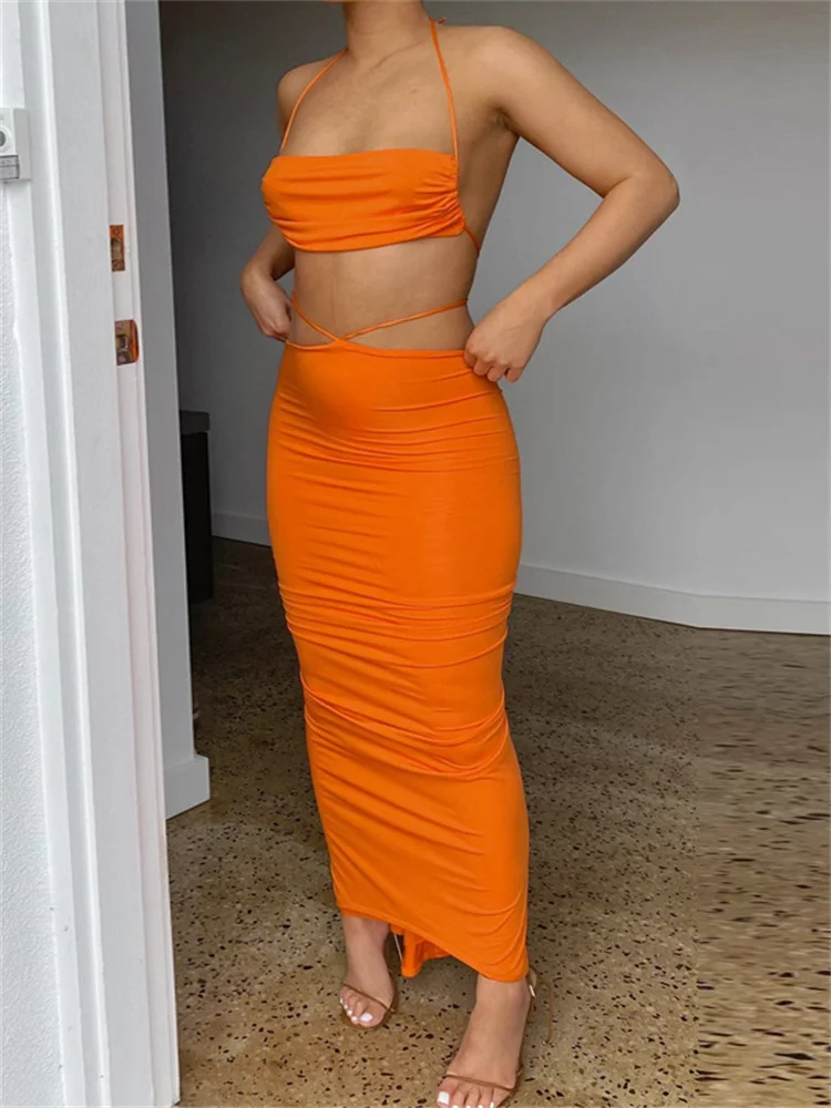 

CHRONSTYLE Women Chic Summer 2 Pieces Matching Sets Halter Backless Tank Crop Tops High Waist Long Maxi Skirts Beach Streetwear