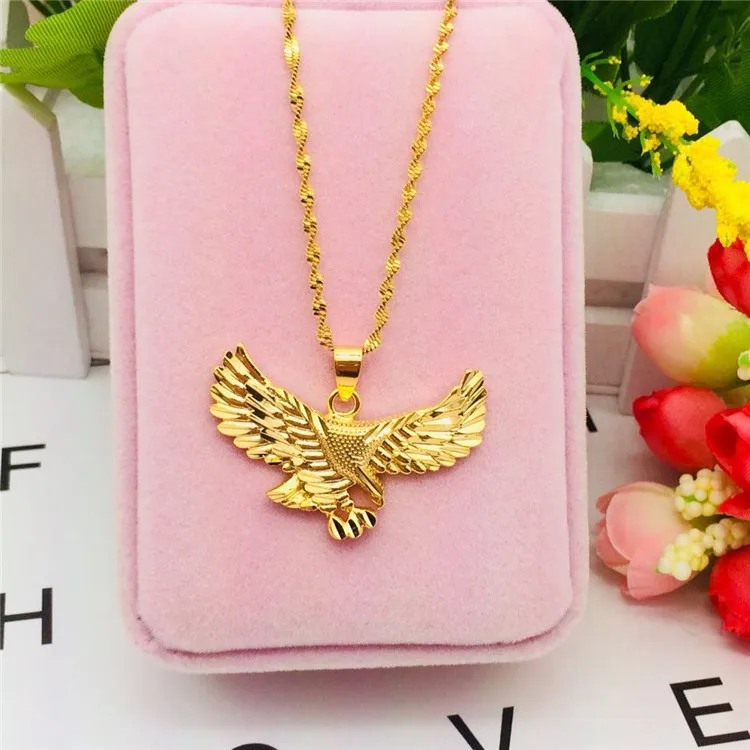 

Coating Pure Dubai 14k Eagle Pendant Necklace for Men Bro Father Gift Gold Water Wave Chain Necklace Jewelry Gifts