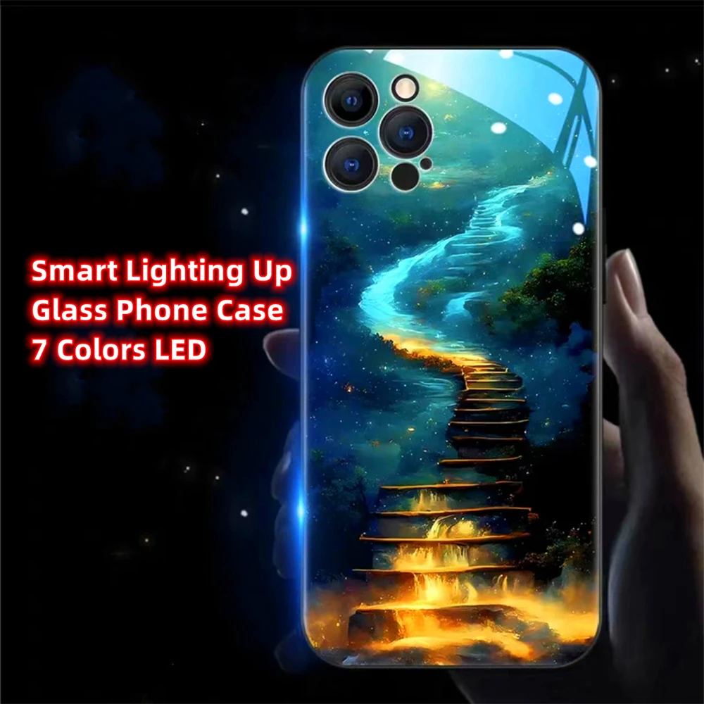 Фото Стильный чехол для iPhone Air 17 16 15 14 13 12 11 Pro Max Plus с дизайном «Лунный океан», умной LED-подсветкой и закаленным стеклом №3