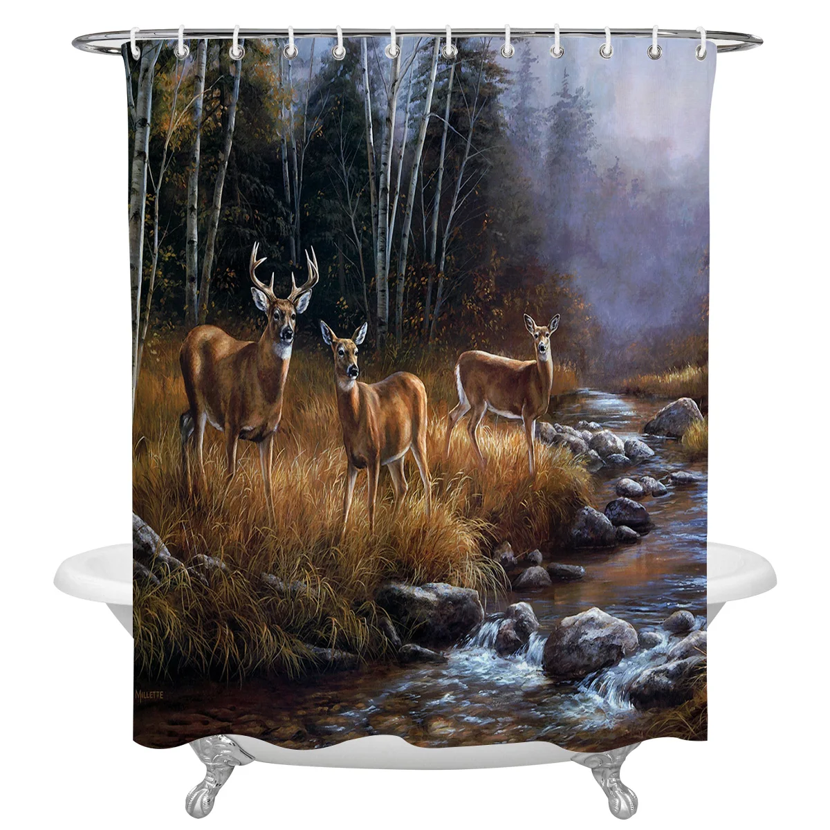 

Autumn Forest River Animal Deer Shower Curtains for Bathroom Waterproof Fabric Bath Curtain with Hooks Waterproof Bath Screen
