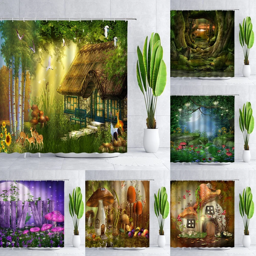 

Fantasy Forest Mushroom House Shower Curtain Magic Fairy Tale Sika Deer Crane Trees Scenery Plants Fabric Bathroom Curtains Home