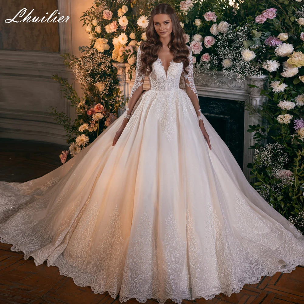 Бальное платье Lhuillier с V-образным вырезом кружевной аппликацией свадебные платья