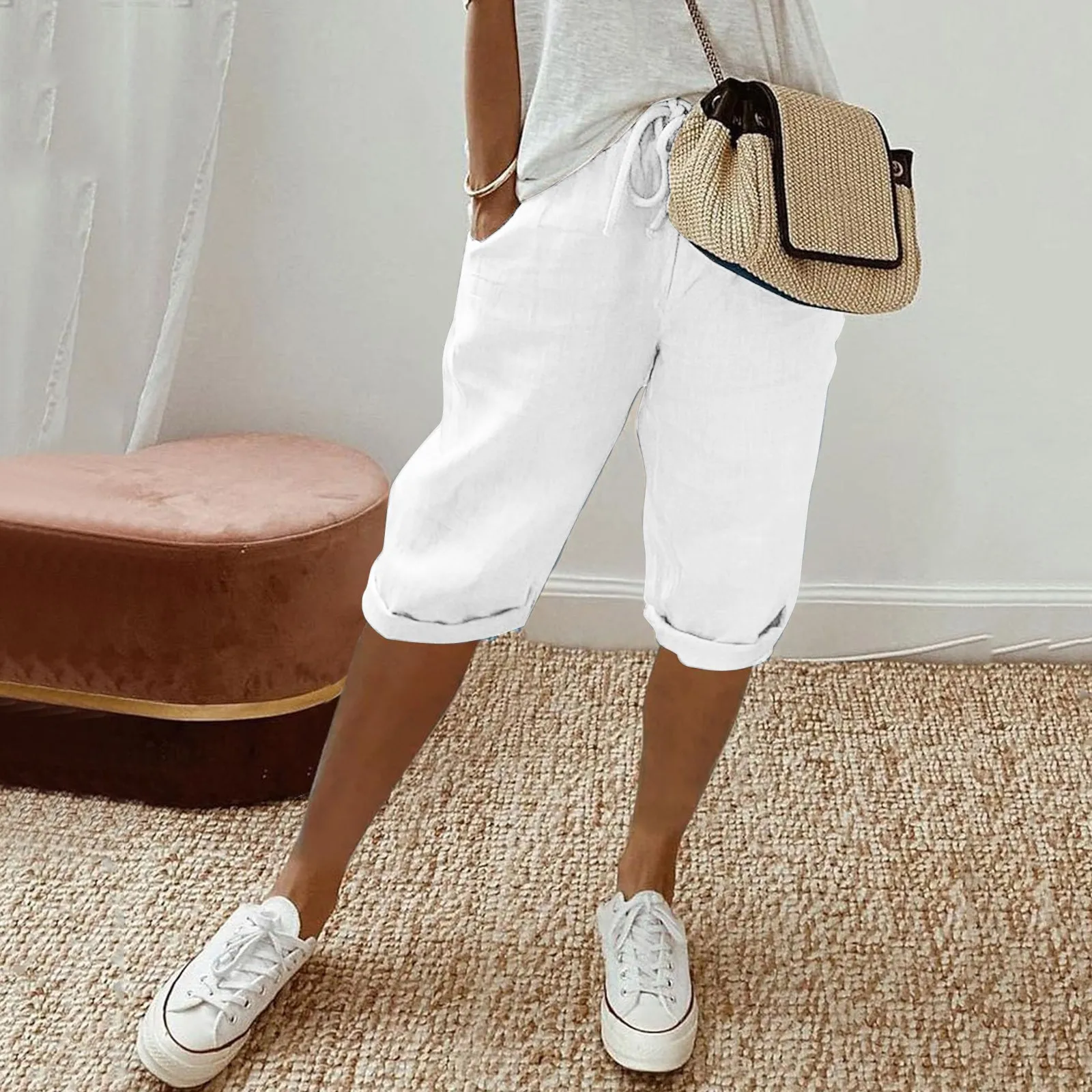 Шорты-Капри женские с завышенной талией из хлопка и льна