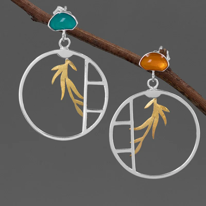 

Fashion 925 Sterling Silver Vintage Leaves Window Drop Statement Earrings for Women Trendy Jewelry Accessories