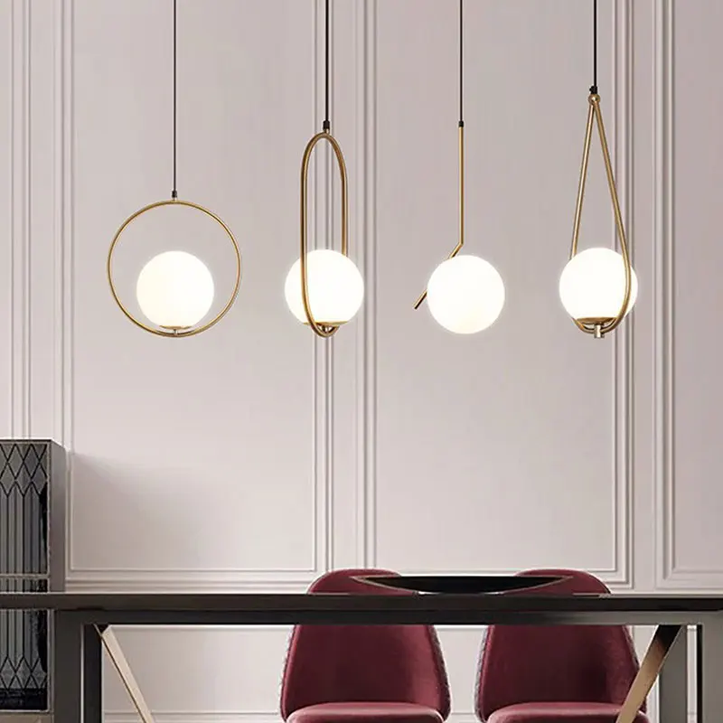 

LED Scandinavian Glass Globe Pendant Metal Ring Pendant Bedroom Cafe Restaurant Bar Indoor Home Decorative Lighting