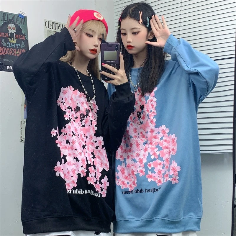 

Autumn Korean Version Loose Thin Simple Floral Bear Long-sleeved Sweatshirts Women Ins Goth Hoodies Hip Hop Pullover Y2k Tops
