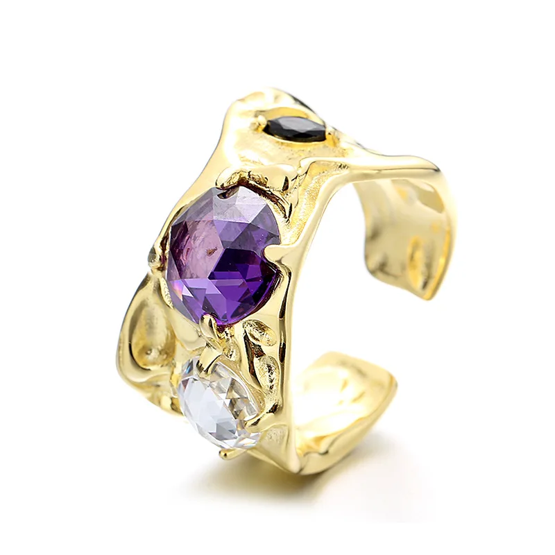 

S925 Стерлинговое Серебро Индивидуальный дизайн чувственный Фиолетовый бриллиант циркон неправильной лавовой фольги Открытое кольцо