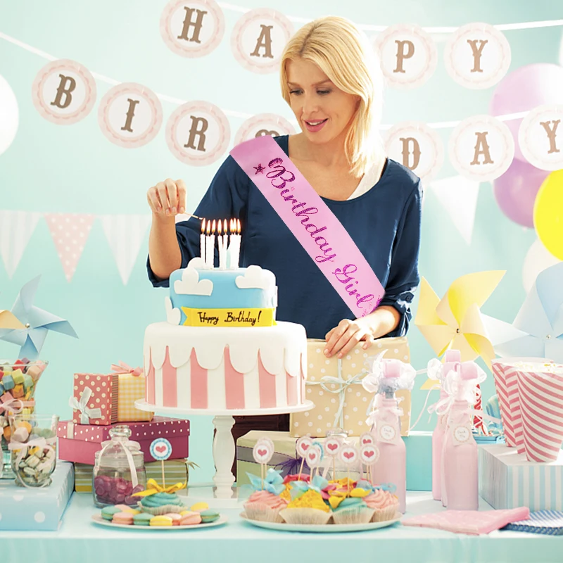 

1pc Blue Pink Flash Satin Birthday Girls Princess Shoulder Strap Etiquette Belt Happy Birthday Party Decoration Supplies