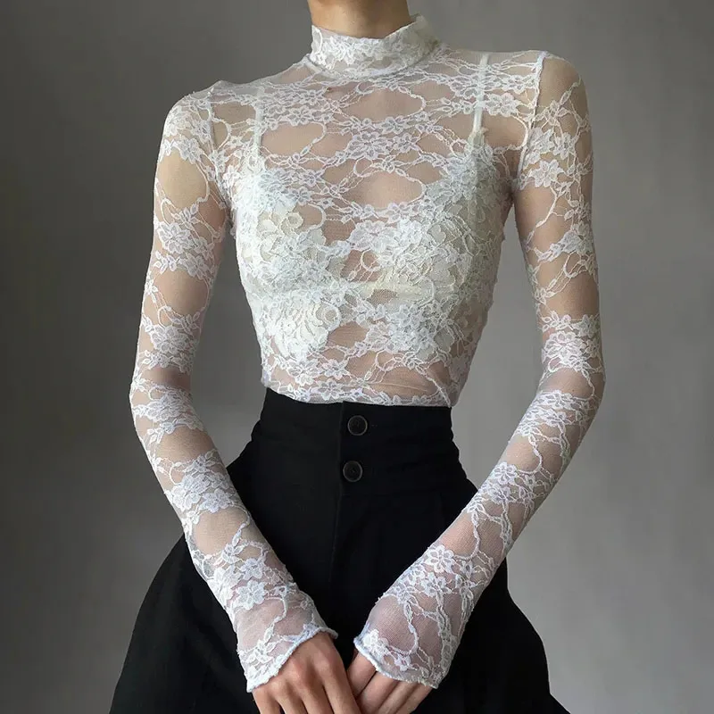 Zoki Y2K Lace T Shirt Women White Sexy See Through Turtleneck Crop Top Summer Embroidery Long Sleeve Elegant Slim Chic Tees