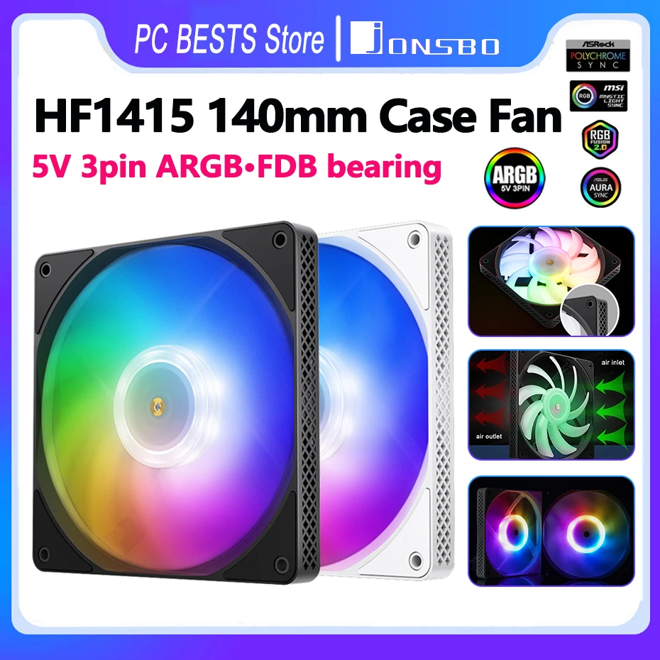 

JONSBO HF1415 140mm Case Fan 5V 3pin ARGB Magic Color Chassis Fan FDB Bearing PWM Temperature Control Quiet Cooler fan