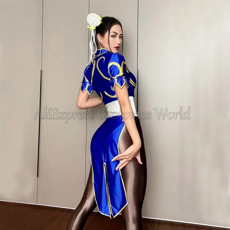 Игра Cheongsam Street Chun Li костюмы для косплея Sutorito Faita синее платье с поясом головные