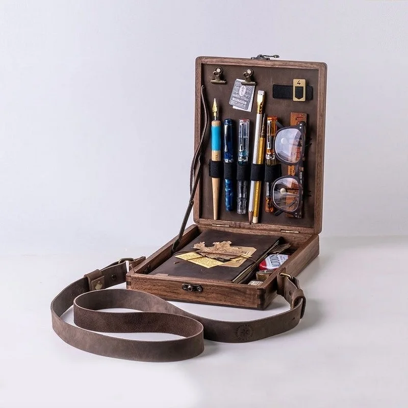 

Writers Messenger Wood Box Briefcase A5 Shoulder Bag Handbag Brush Storage Box with Locking Clasp Vintage Wooden Handmade Retro