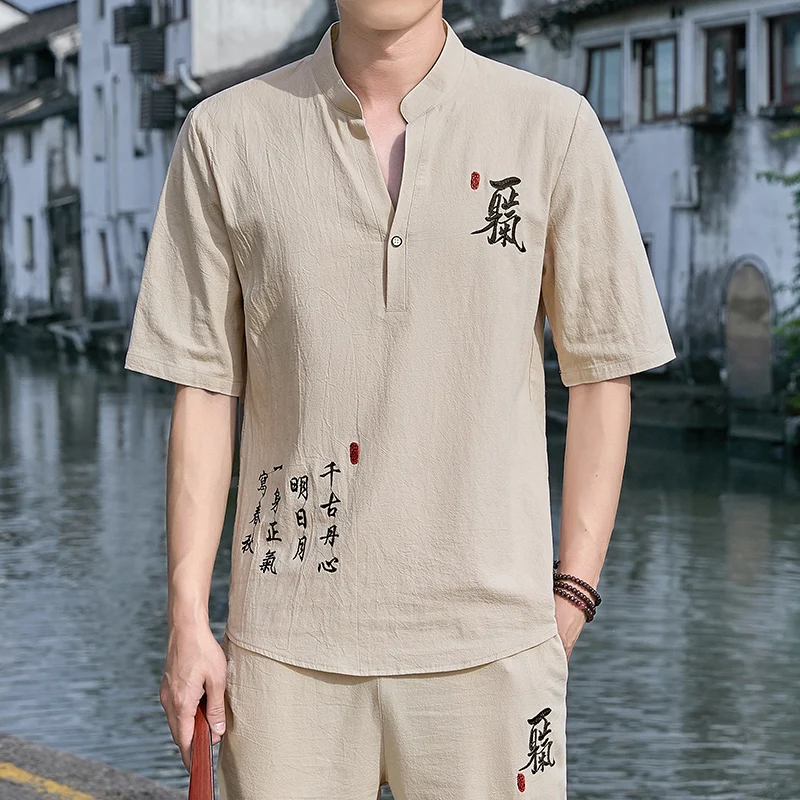 Linen Embroidery Hanfu Sets Chinese Style Suit Male Traditional Tang Kung Fu Taichi Top Pants Summer Men Cotton