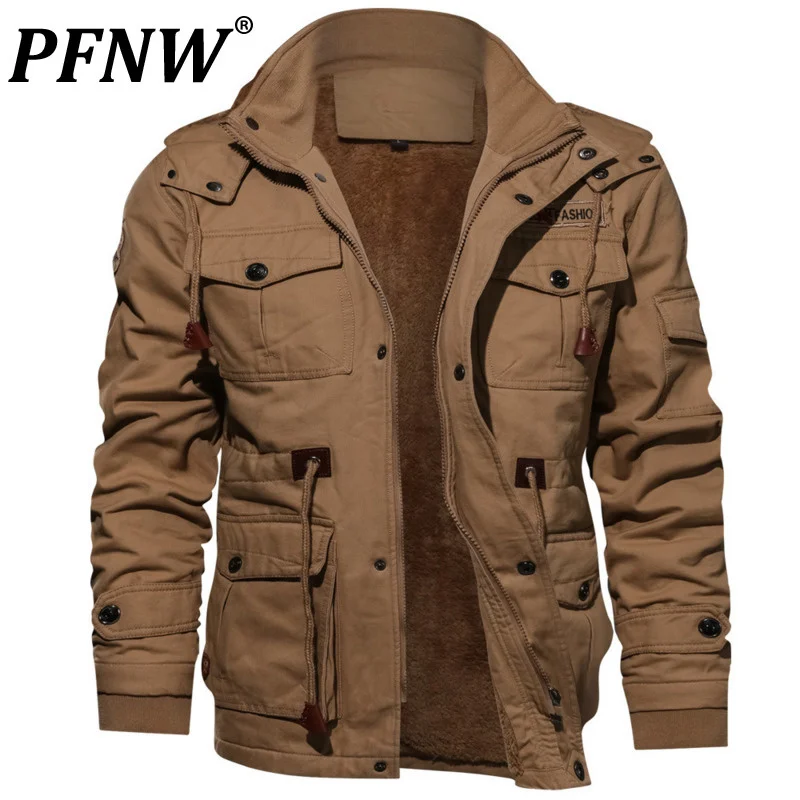 

PFNW Hooded Military Uniform Style Thickening Jacket Men's Autumn Winter Fleece Casual Tops Distressed Washed Coat Male 12A1966