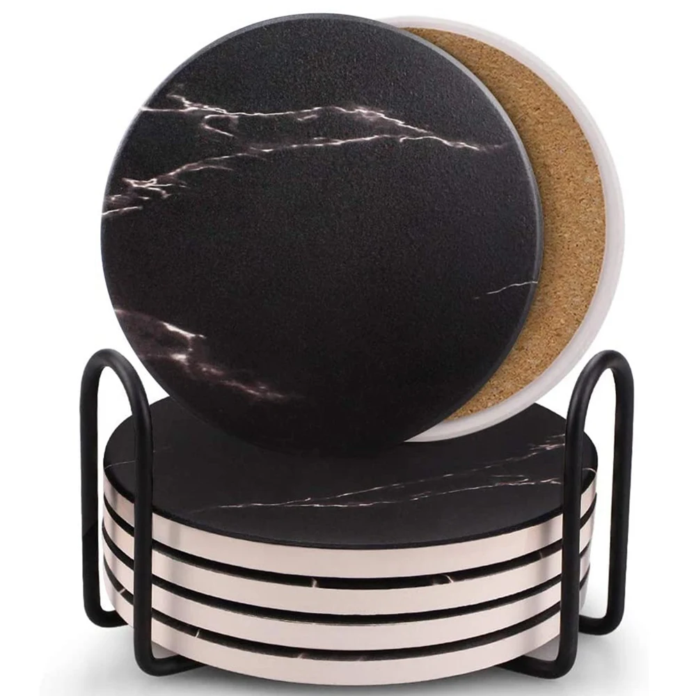 

Coasters for Drinks, Ceramic Stone Coaster Set with Metal Holder Stand, Cork Base, Marble Surface Pattern 6 Black