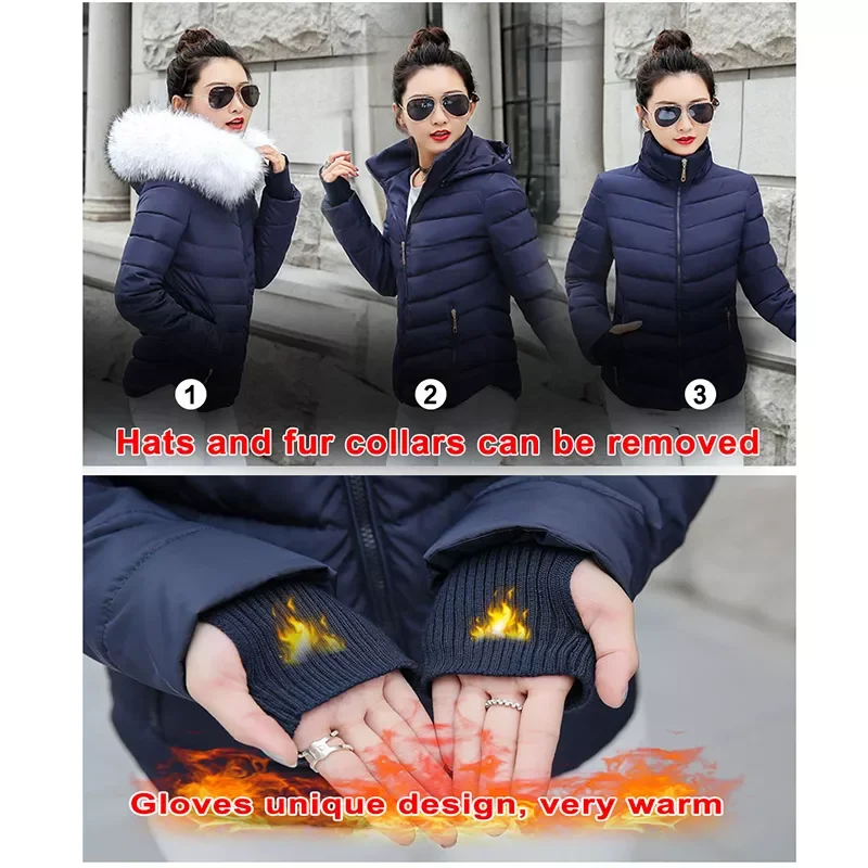New2022 Jacket Women Parkas for Coat Fashion Female Down Jacket With a Hood Large Faux Fur Collar Coat 2019 Autumn Outwear Ladie