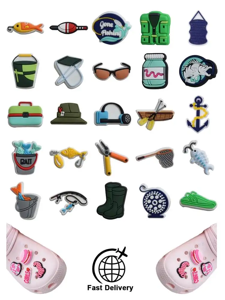 

1Pcs PVC Fishing Sport for Crocs Charms DIY Badge Women Sandals Buckle Kids Pins Decoration Jeans Shoe Accessories Wholesale