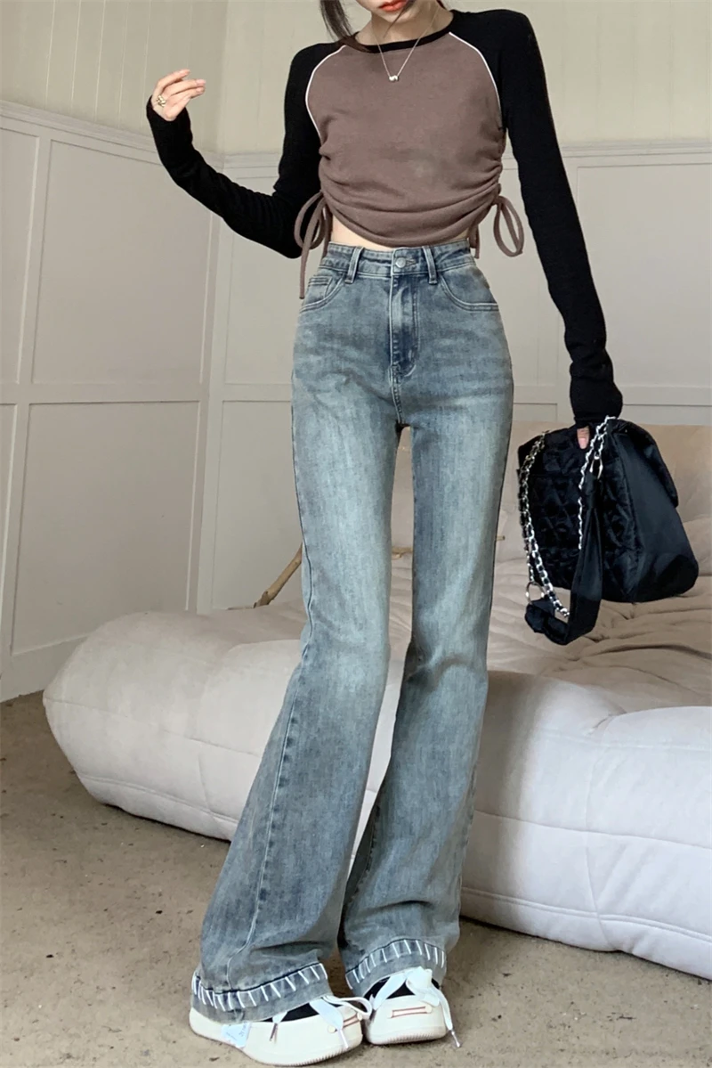 

Flared Jeans Hong Kong Style Vintage Washed Jeans Women Autumn High-waisted Slim Trousers Long Pants Versatile Female Clothing